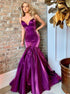 Mermaid Spaghetti Straps Sweep Train Purple Satin Ruffles Prom Dress LBQ1913